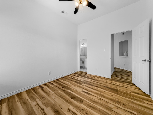 4512 Stepping Stone Dr, Fort Worth, TX 76123 - unfurnished bedroom featuring light wood-type flooring, ensuite bath, baseboards, visible vents, and ceiling fan