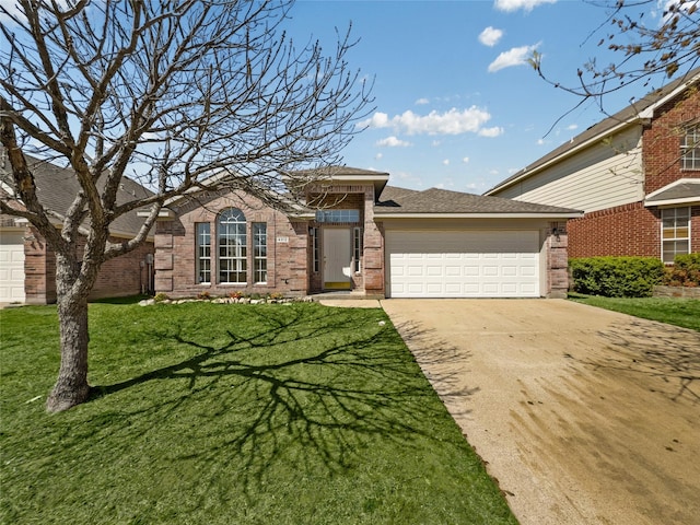 4512 Stepping Stone Dr, Fort Worth, TX 76123 - view of front of property with an attached garage, concrete driveway, a front yard, brick siding, and roof with shingles
