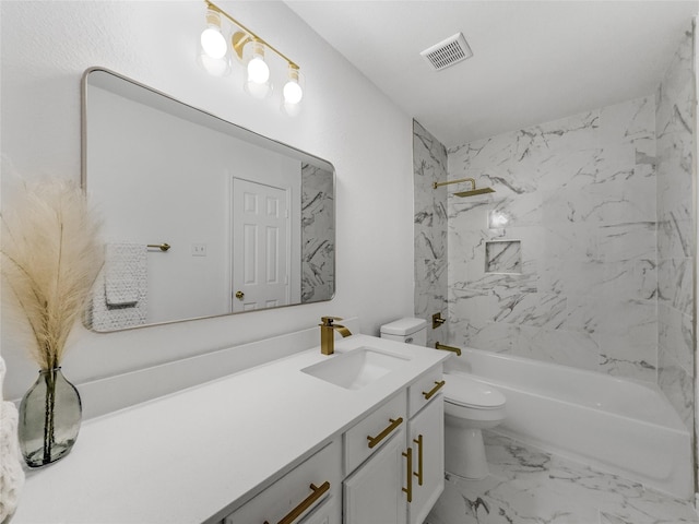 4512 Stepping Stone Dr, Fort Worth, TX 76123 - full bath featuring toilet, vanity, shower / bathtub combination, marble finish floor, and visible vents