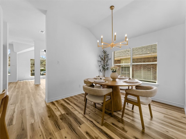 4512 Stepping Stone Dr, Fort Worth, TX 76123 - dining area with vaulted ceiling, baseboards, a chandelier, light wood-style floors, and visible vents