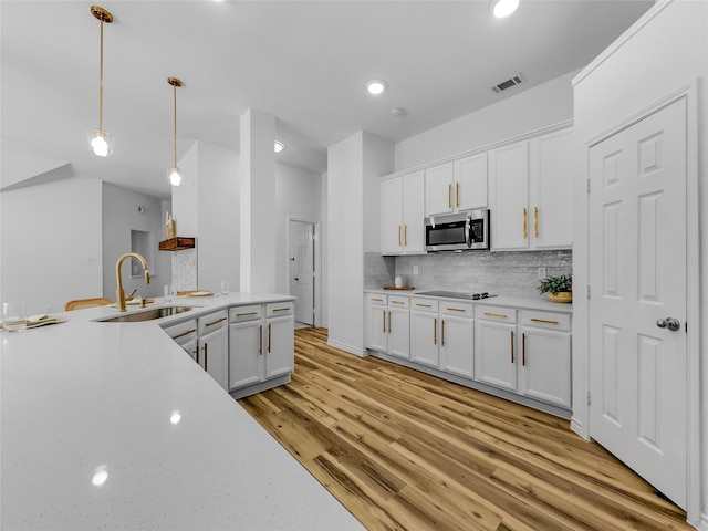 4512 Stepping Stone Dr, Fort Worth, TX 76123 - kitchen featuring light wood finished floors, stainless steel microwave, tasteful backsplash, white cabinetry, and a sink