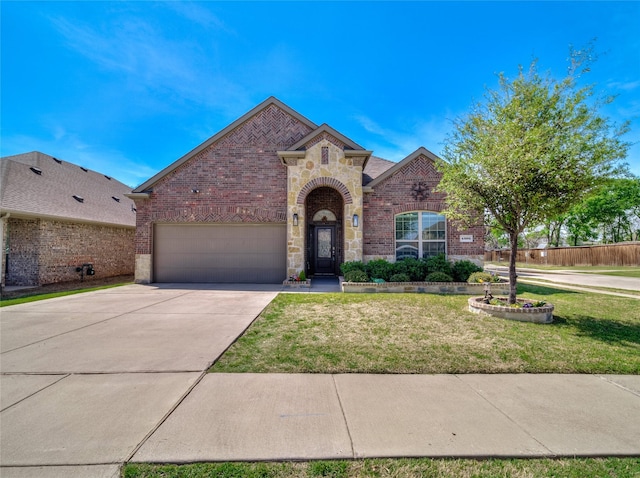 view of front of property with brick siding, concrete driveway, a garage, and a front lawn