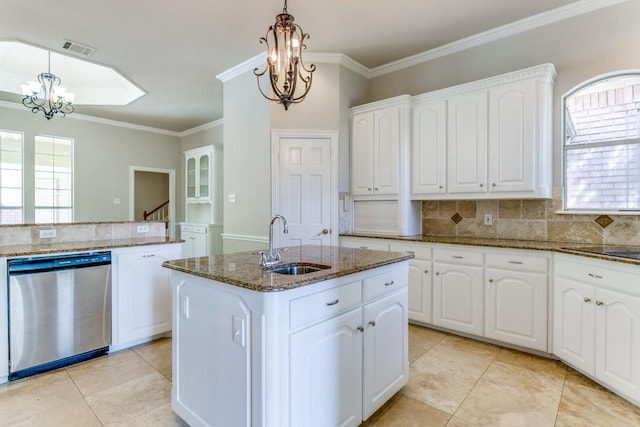 4908 Meandering Way, Colleyville, TX 76034 - kitchen featuring stainless steel dishwasher, a sink, a chandelier, healthy amount of natural light, and ornamental molding