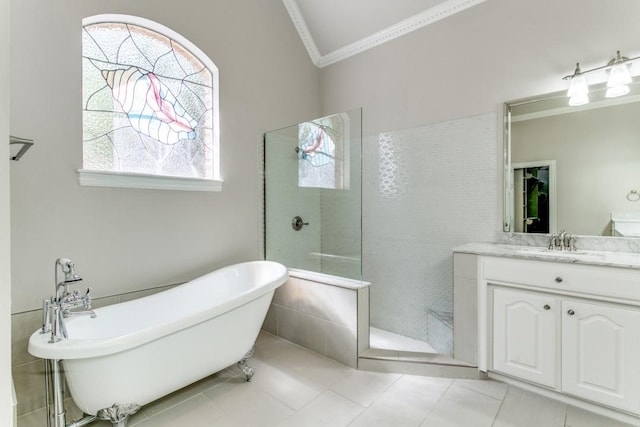 4908 Meandering Way, Colleyville, TX 76034 - full bath featuring ornamental molding, a walk in shower, vanity, a freestanding bath, and tile patterned floors