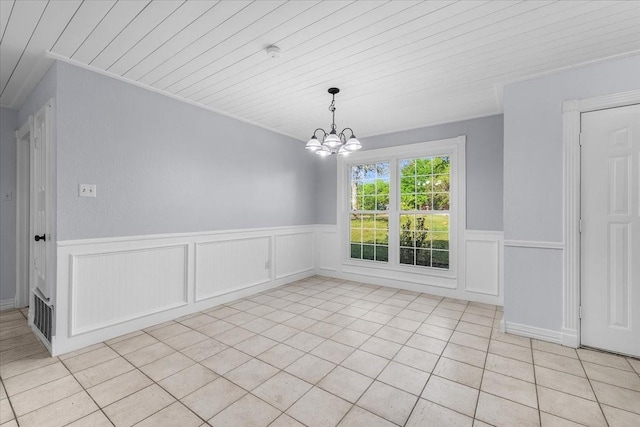 120 Southwinds Dr, Weatherford, TX 76087 - unfurnished dining area featuring wood ceiling, an inviting chandelier, wainscoting, and light tile patterned floors