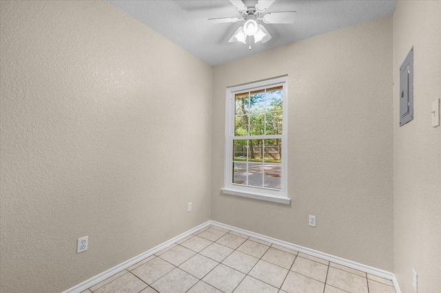 120 Southwinds Dr, Weatherford, TX 76087 - spare room featuring light tile patterned floors, a ceiling fan, electric panel, a textured wall, and baseboards