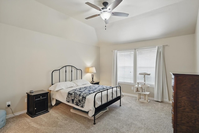 3505 Mustang Dr, Denton, TX 76210 - bedroom with light colored carpet, lofted ceiling, baseboards, and ceiling fan