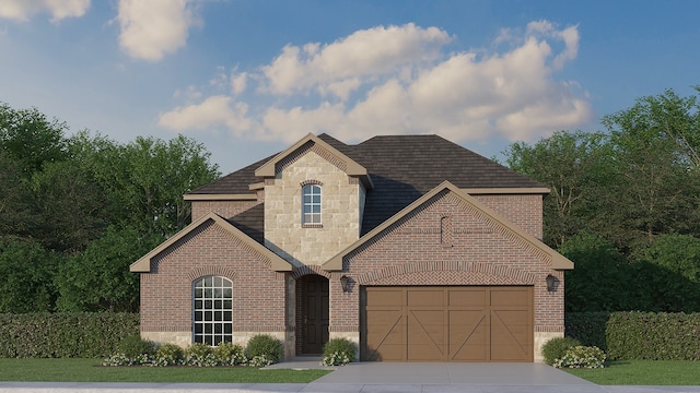 view of front facade featuring an attached garage, brick siding, a shingled roof, and concrete driveway