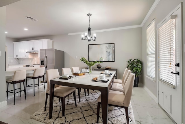 10 Monticello Ct, Mansfield, TX 76063 - dining space with baseboards, ornamental molding, a chandelier, light marble finish flooring, and recessed lighting