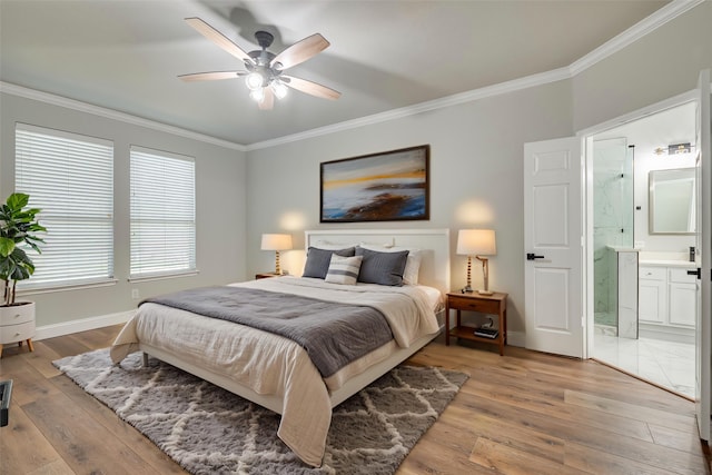 10 Monticello Ct, Mansfield, TX 76063 - bedroom with crown molding, light wood-style flooring, baseboards, ensuite bath, and a ceiling fan