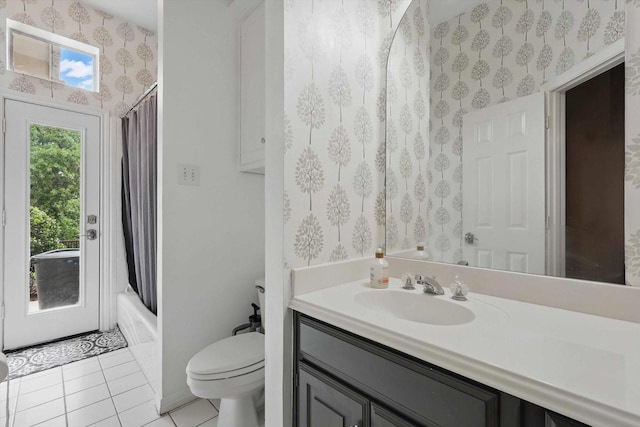 full bath featuring shower / bath combination with curtain, tile patterned flooring, vanity, toilet, and wallpapered walls