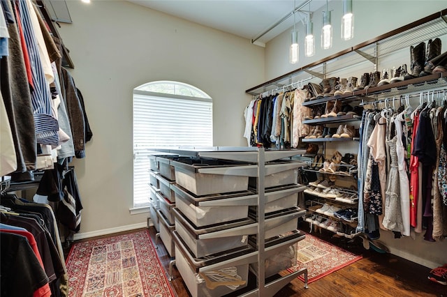 walk in closet with wood finished floors
