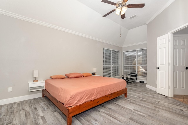 4315 Elgin Ct, Grand Prairie, TX 75052 - bedroom with high vaulted ceiling, wood finished floors, baseboards, crown molding, and ceiling fan