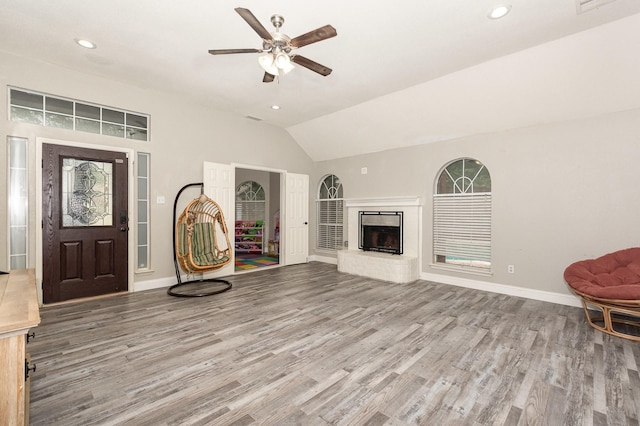 4315 Elgin Ct, Grand Prairie, TX 75052 - living room with a ceiling fan, wood finished floors, baseboards, recessed lighting, and vaulted ceiling
