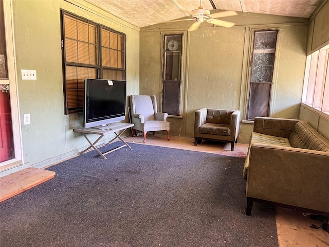 109 Bluebonnet Dr, Whitney, TX 76692 - living room with vaulted ceiling, ceiling fan, carpet flooring, and a textured wall