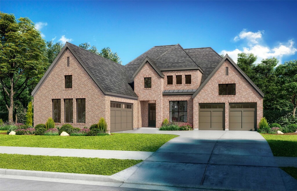 view of front of home featuring brick siding, concrete driveway, a shingled roof, and a front lawn