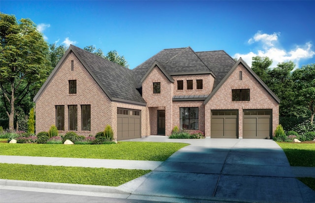 view of front of home featuring brick siding, concrete driveway, a shingled roof, and a front lawn