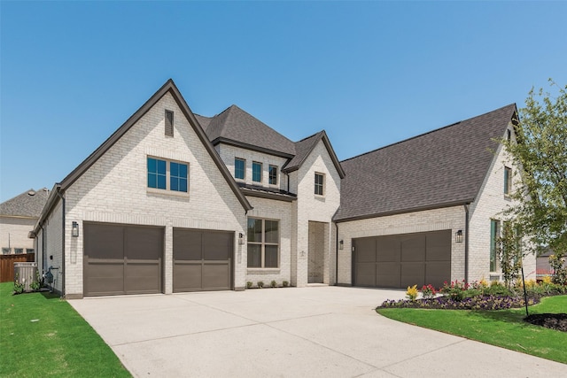 814 Montrose Dr, Rockwall, TX 75087 - french country style house featuring driveway, brick siding, roof with shingles, a front lawn, and cooling unit