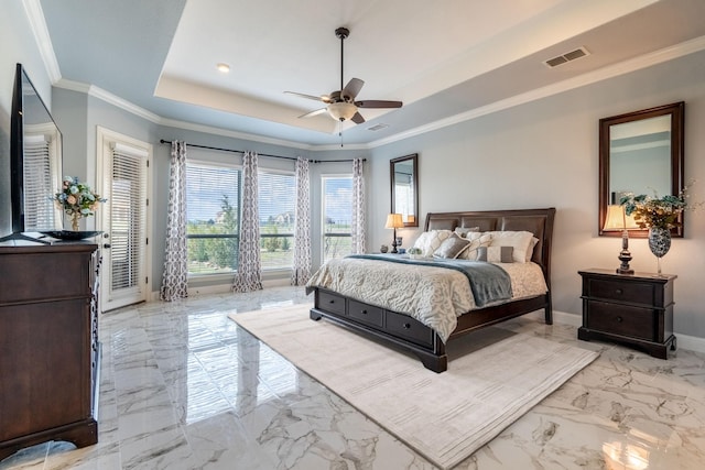 bedroom featuring a raised ceiling, visible vents, baseboards, marble finish floor, and ornamental molding