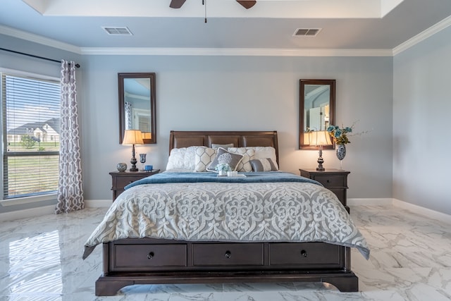 bedroom featuring marble finish floor, ornamental molding, multiple windows, and visible vents
