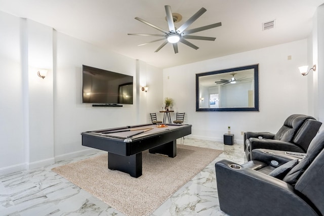 game room featuring a ceiling fan, visible vents, marble finish floor, and pool table