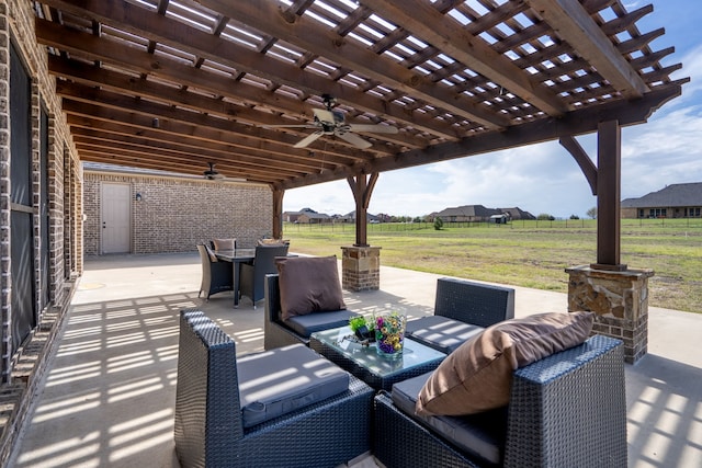 view of patio with a pergola, outdoor dining area, ceiling fan, and an outdoor living space