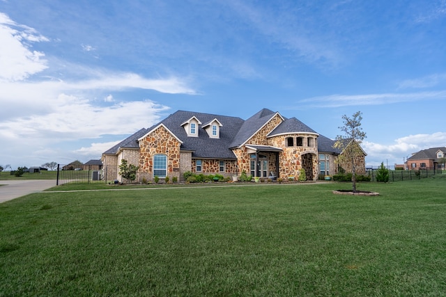 craftsman inspired home featuring stone siding, fence, a front yard, and roof with shingles
