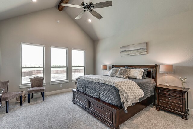 bedroom with high vaulted ceiling, baseboards, carpet floors, beam ceiling, and ceiling fan