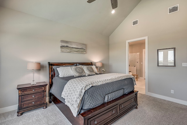 bedroom featuring baseboards, visible vents, high vaulted ceiling, and carpet flooring