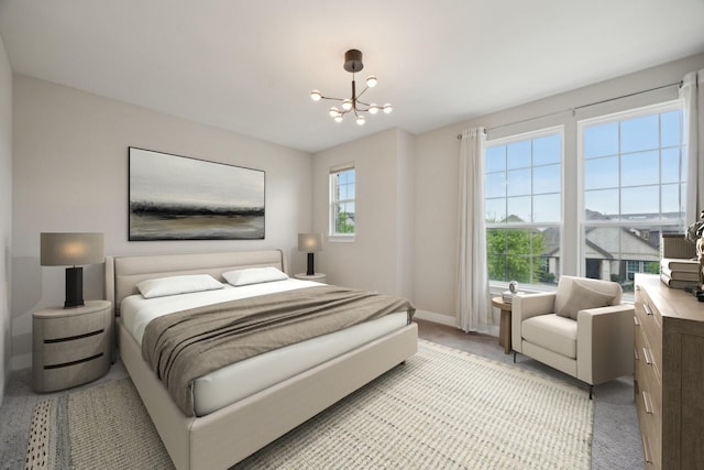 9814 Gristmill Ln, Frisco, TX 75035 - bedroom featuring light carpet, a notable chandelier, and baseboards