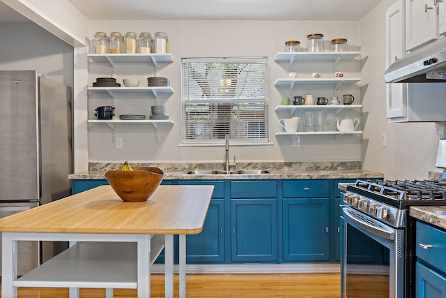 4131 Odessa St, Dallas, TX 75212 - kitchen with a sink, open shelves, blue cabinets, appliances with stainless steel finishes, and under cabinet range hood