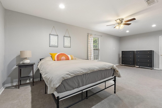 4131 Odessa St, Dallas, TX 75212 - bedroom with a ceiling fan, light carpet, baseboards, visible vents, and recessed lighting