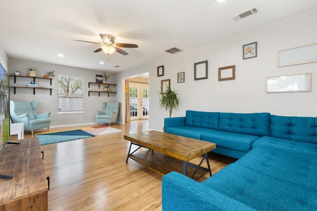 4131 Odessa St, Dallas, TX 75212 - living room featuring baseboards, ceiling fan, visible vents, and wood finished floors