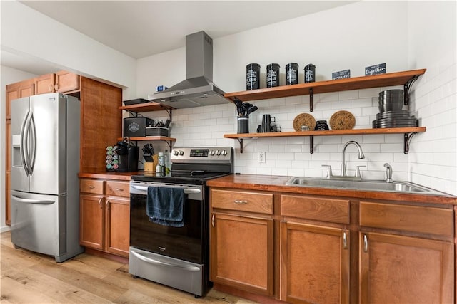 4520 Hiland Dr, Beverly Hills, TX 76711 - kitchen featuring open shelves, stainless steel appliances, range hood, decorative backsplash, and a sink