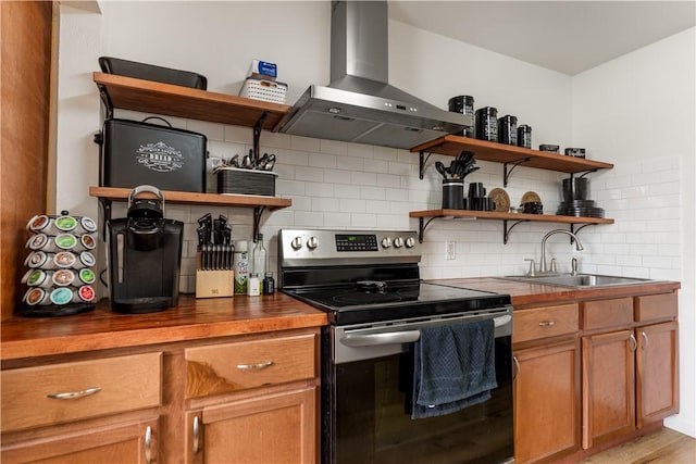 4520 Hiland Dr, Beverly Hills, TX 76711 - kitchen with open shelves, range hood, decorative backsplash, electric range, and a sink