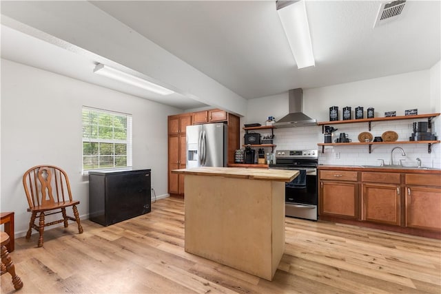 4520 Hiland Dr, Beverly Hills, TX 76711 - kitchen with a sink, backsplash, open shelves, appliances with stainless steel finishes, and wall chimney range hood