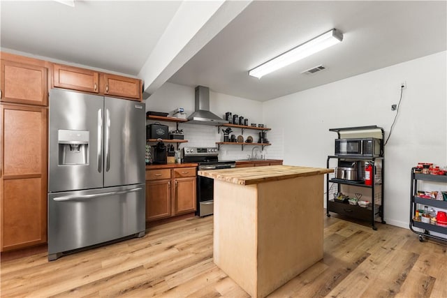 4520 Hiland Dr, Beverly Hills, TX 76711 - kitchen with open shelves, stainless steel appliances, wall chimney range hood, visible vents, and wood counters