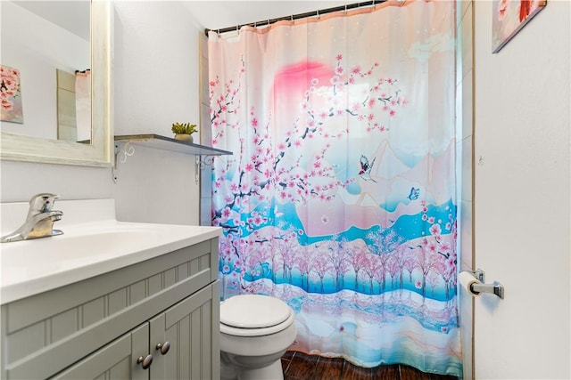 4520 Hiland Dr, Beverly Hills, TX 76711 - bathroom with a shower with curtain, toilet, vanity, and wood finished floors