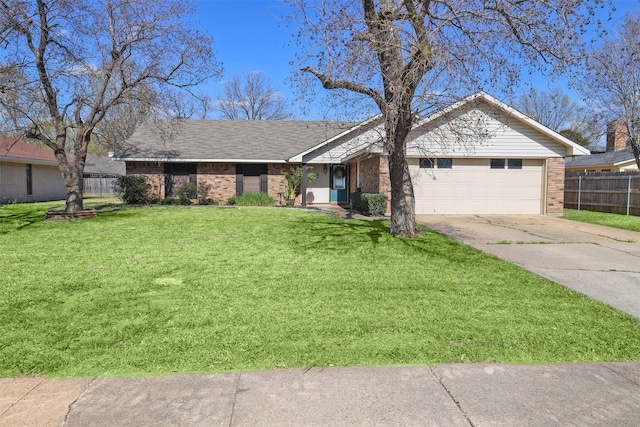 502 Parklane Dr, Bossier City, LA 71111 - ranch-style home with fence, a garage, concrete driveway, brick siding, and a front lawn