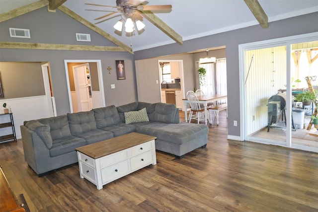 502 Parklane Dr, Bossier City, LA 71111 - living room featuring dark wood finished floors, vaulted ceiling with beams, visible vents, and a ceiling fan