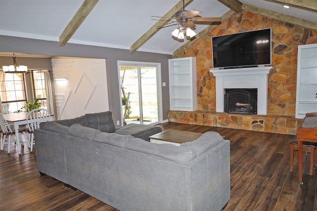 502 Parklane Dr, Bossier City, LA 71111 - living area with ceiling fan with notable chandelier, vaulted ceiling with beams, a fireplace, and wood finished floors