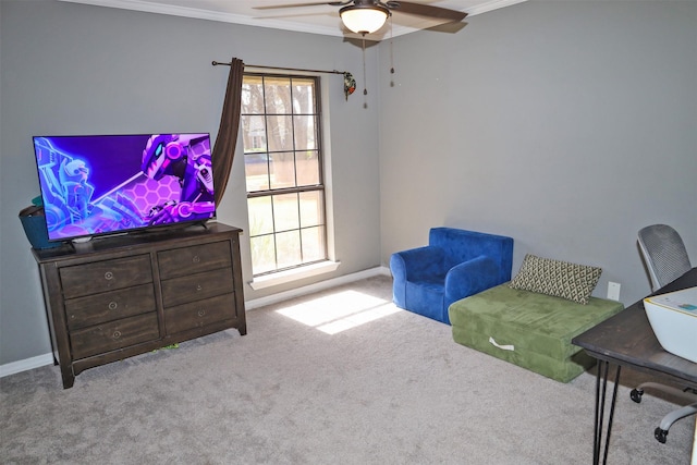 502 Parklane Dr, Bossier City, LA 71111 - carpeted home office with baseboards, ornamental molding, and a ceiling fan