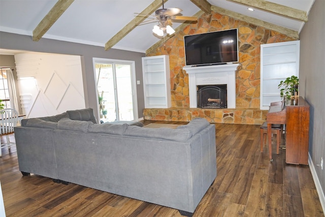 502 Parklane Dr, Bossier City, LA 71111 - living room with dark wood-style flooring, lofted ceiling with beams, a stone fireplace, and ceiling fan