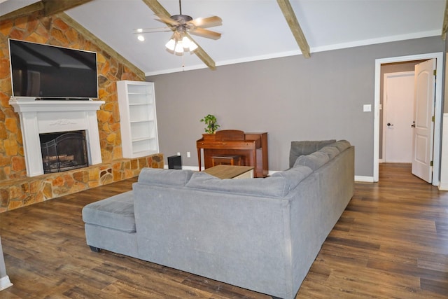 502 Parklane Dr, Bossier City, LA 71111 - living area featuring lofted ceiling with beams, ornamental molding, wood finished floors, a fireplace, and a ceiling fan