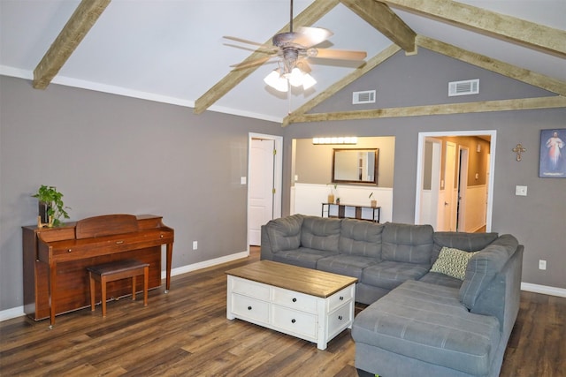 502 Parklane Dr, Bossier City, LA 71111 - living room featuring vaulted ceiling with beams, visible vents, ceiling fan, and dark wood-type flooring