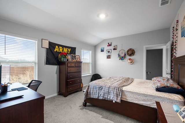 16617 Porterfield Ln, Justin, TX 76247 - bedroom with vaulted ceiling, light carpet, baseboards, and an office area