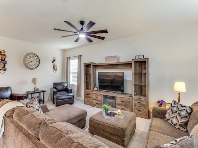 5665 Brownstone Ln, Fort Worth, TX 76036 - living room featuring light colored carpet and ceiling fan