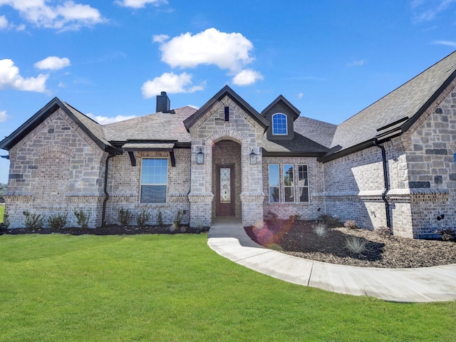 145 Fan Mill Trl, Weatherford, TX 76085 - french provincial home featuring a shingled roof, a chimney, a front yard, and brick siding
