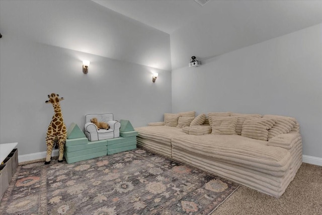 7413 Windy Meadow Dr, Little Elm, TX 76227 - home theater featuring vaulted ceiling, carpet, and baseboards