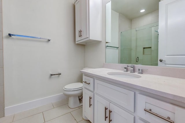 3023 Clamath Dr, Dallas, TX 75204 - full bathroom with tile patterned flooring, toilet, vanity, a shower stall, and baseboards